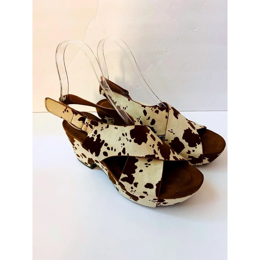 Pierre Dumas Cow Print Platform Wedge Sandals Brown White Slingback 8.5M 751214